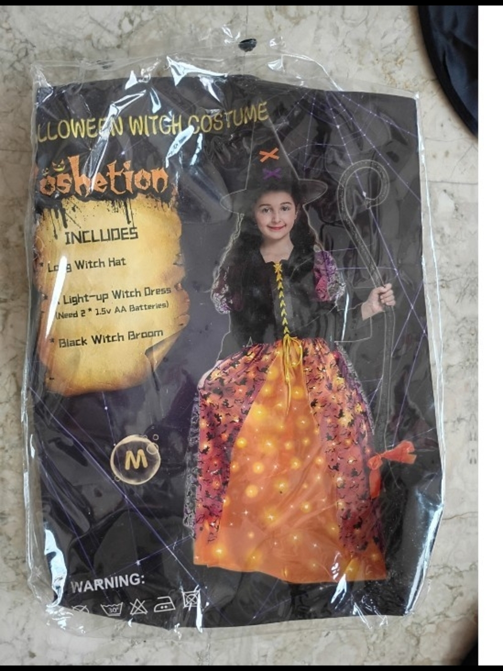 Kids Witch Costume - Black & Orange W Broom Size M 6-8 NEW